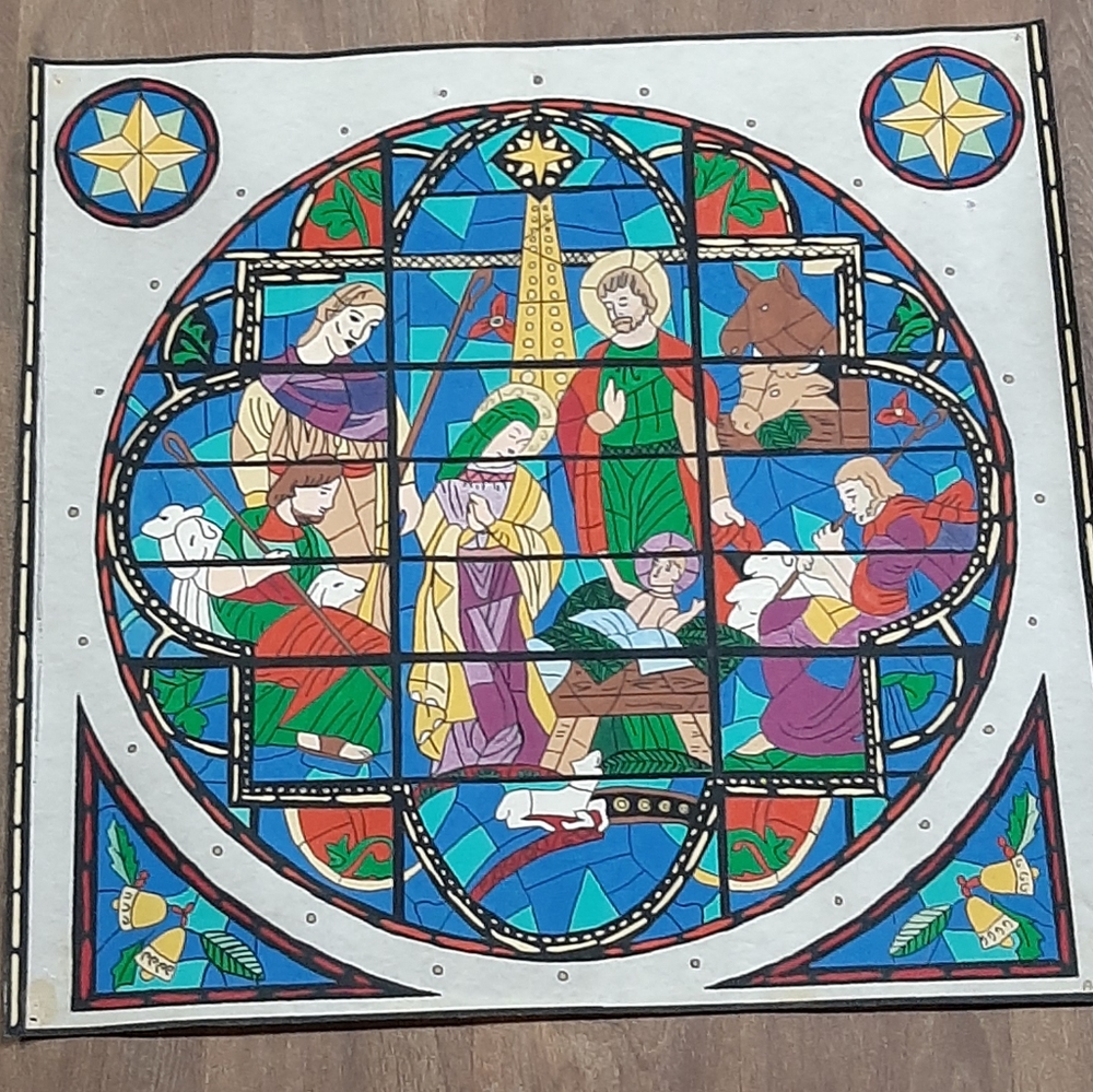 Rare Handmade Liquid Artex Painting Nativity Scene Stainglass Look Wall Hanging